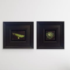 Cavolo tascabile e piselli tascabili in un dittico, pittura originale, verdure