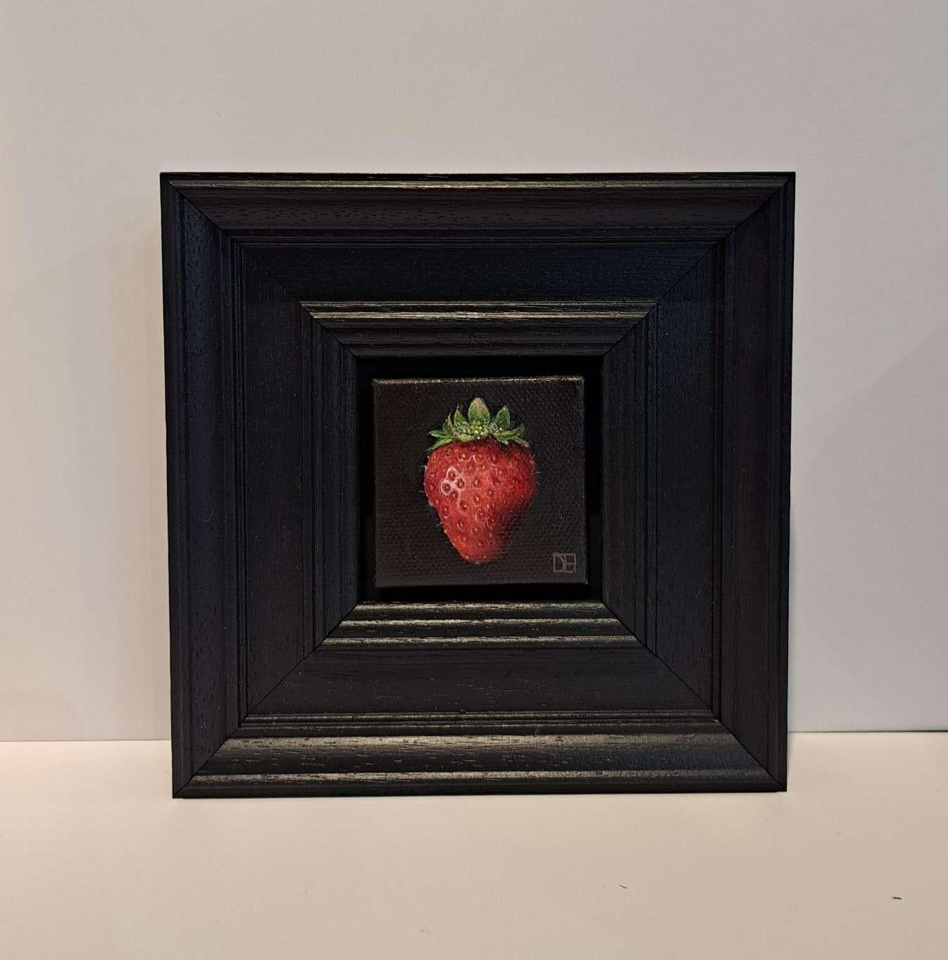 Pocket Crimson Strawberry 2 c is an original oil painting by Dani Humberstone as part of her Pocket Painting series featuring small scale realistic oil paintings, with a nod to baroque still life painting. The paintings are set in a black wood