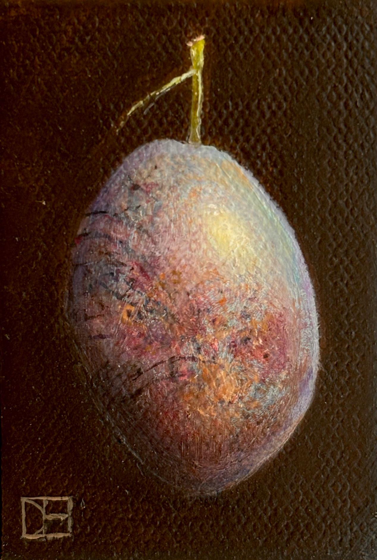 Dieses außergewöhnliche Kunstwerk ist derzeit in der Signet Contemporary Art Gallery und online ausgestellt und zu verkaufen. Dani Humberstones Pocket Damson zeigt die Meisterschaft des Künstlers im Umgang mit Licht, Farbe und Textur in Öl auf