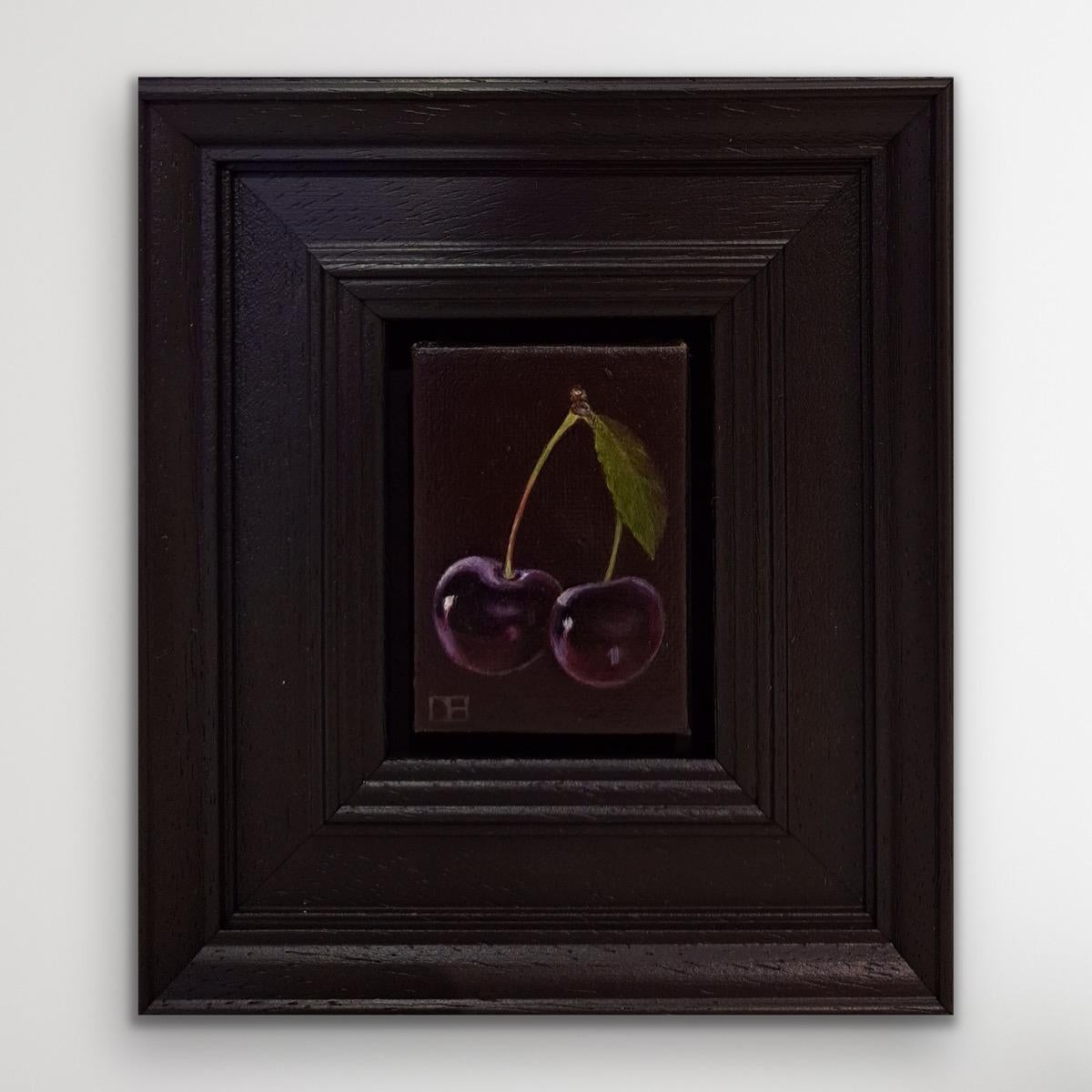 Pocket Dark Cherries, Miniature Still Life Painting, Baroque Art, Food Artwork For Sale 1