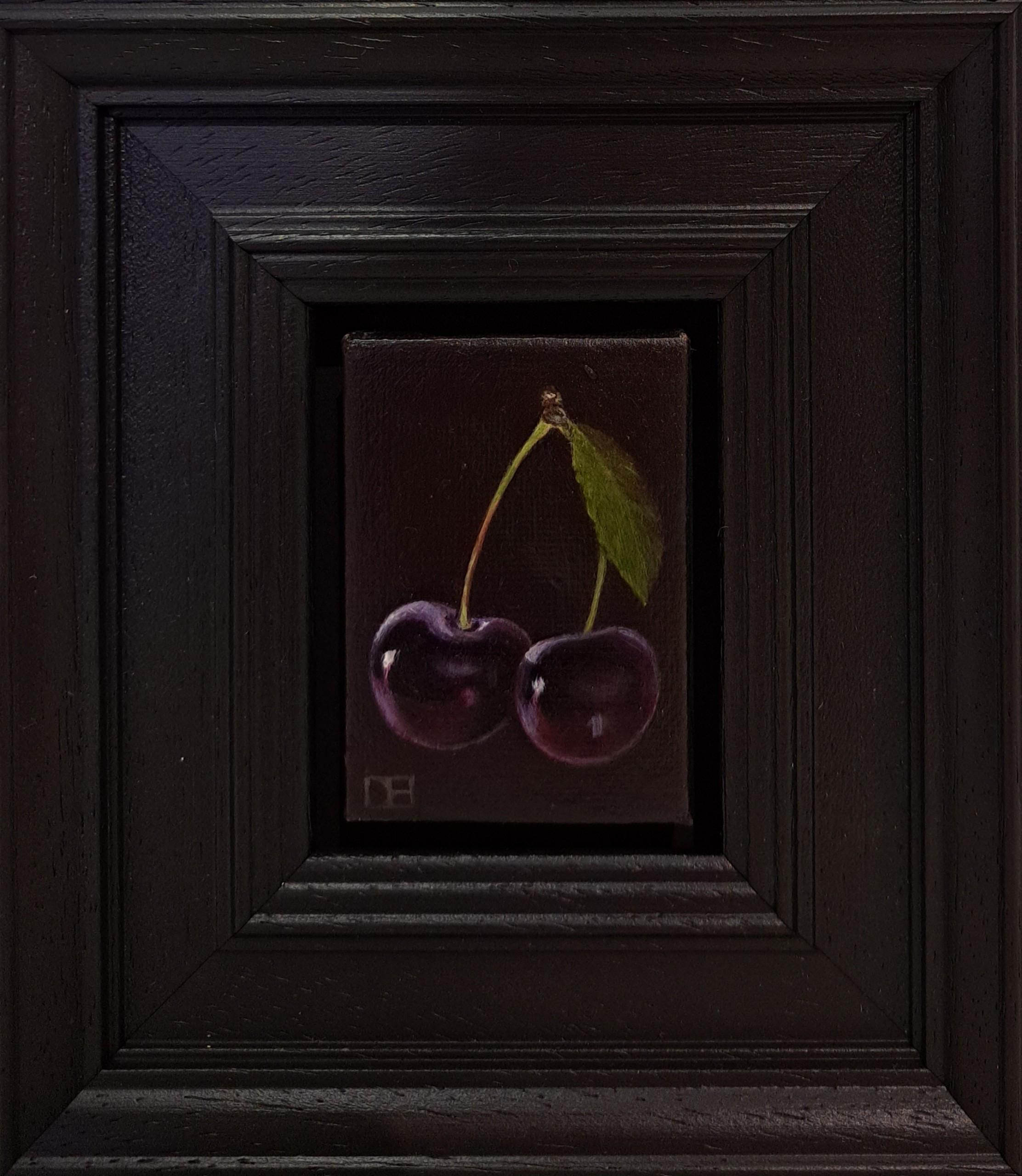 Dani Humberstone Still-Life Painting - Pocket Dark Cherries, Miniature Still Life Painting, Baroque Art, Food Artwork