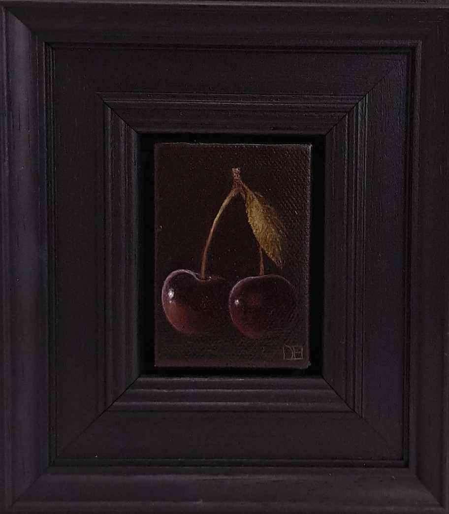 Dani Humberstone Landscape Painting – Pocket Dark Cherries, Originalgemälde, Lebensmittelkunst, Natur, Rot, Erschwingliche Kunst