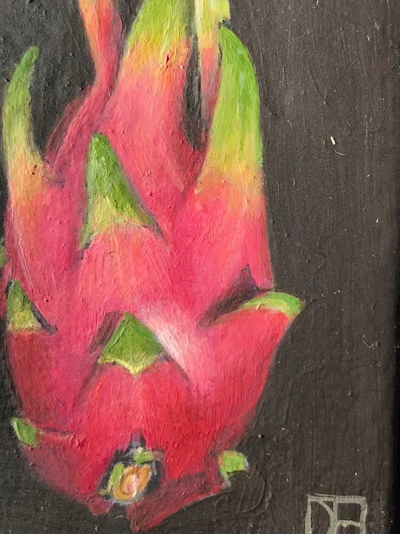 Pocket Dragon Fruit - Black Figurative Painting by Dani Humberstone