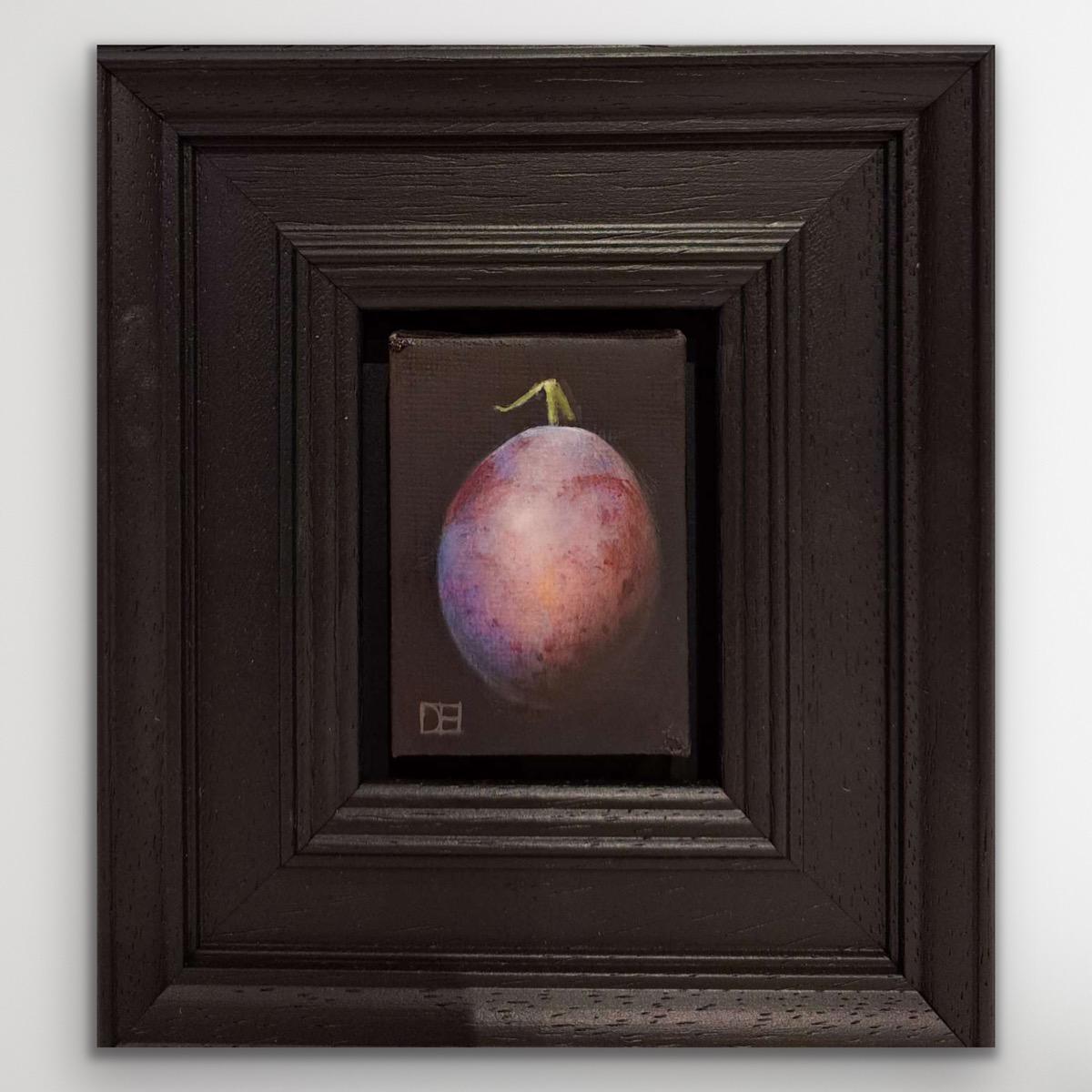 Pocket Dusky Damson is an original oil painting by Dani Humberstone as part of her Pocket Painting series featuring small scale realistic oil paintings, with a nod to baroque still life painting. The paintings are set in a black wood layered