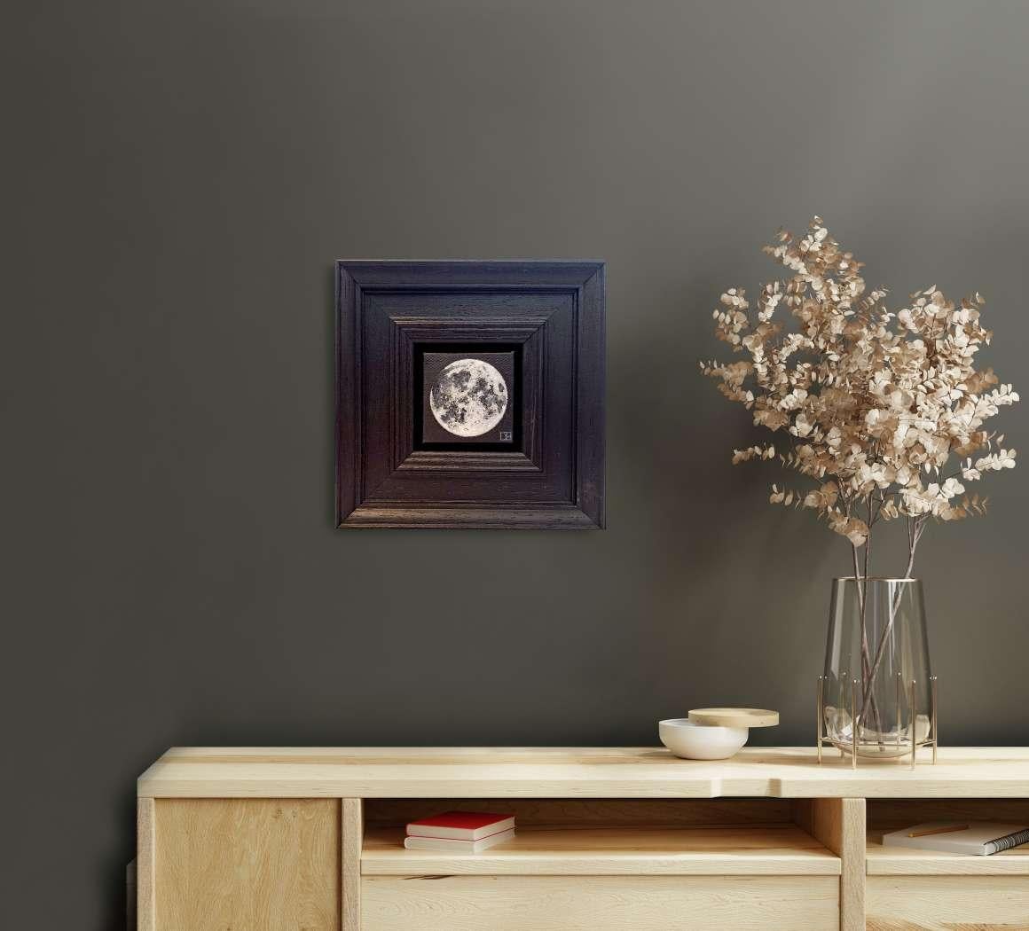 Pocket Full Moon is an original oil painting by Dani Humberstone as part of her Pocket Painting series featuring small scale realistic oil paintings, with a nod to baroque still life painting. The paintings are set in a black wood layered