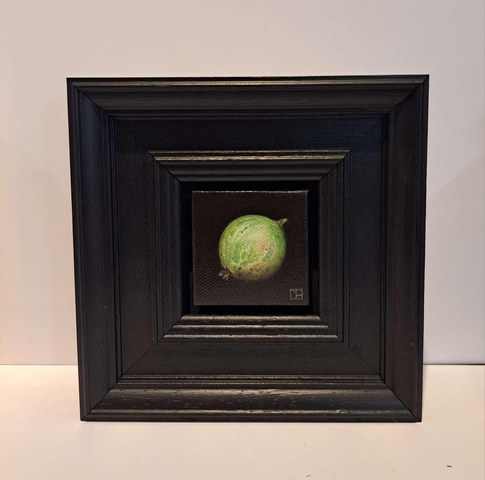 Pocket Green Gooseberry 2 c is an original oil painting by Dani Humberstone as part of her Pocket Painting series featuring small scale realistic oil paintings, with a nod to baroque still life painting. The paintings are set in a black wood layered