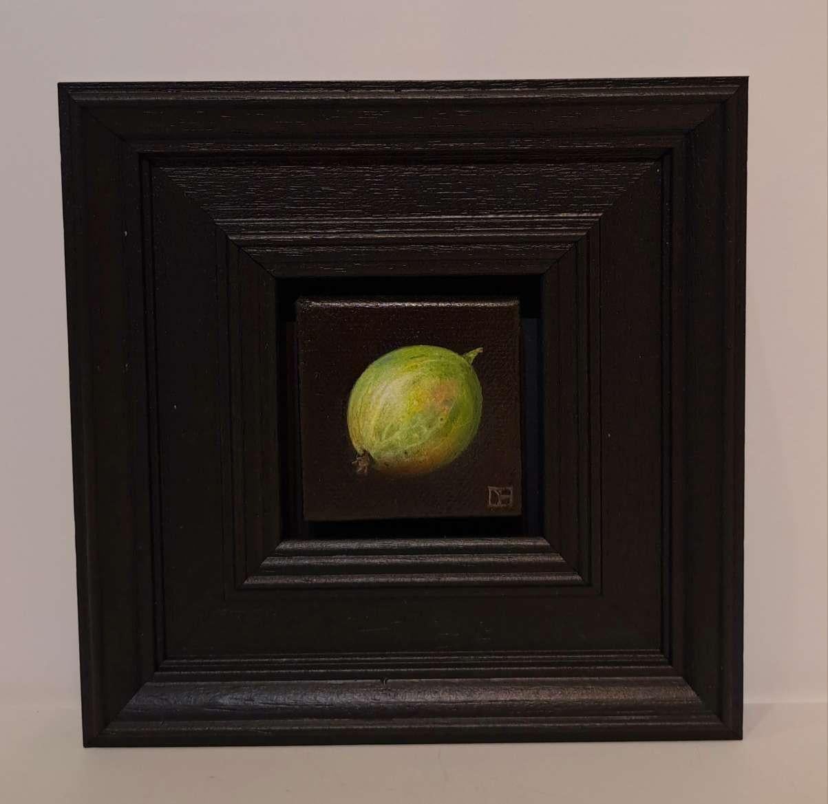 Pocket Green Gooseberry is an original oil painting by Dani Humberstone as part of her Pocket Painting series featuring small scale realistic oil paintings, with a nod to baroque still life painting. The paintings are set in a black wood layered