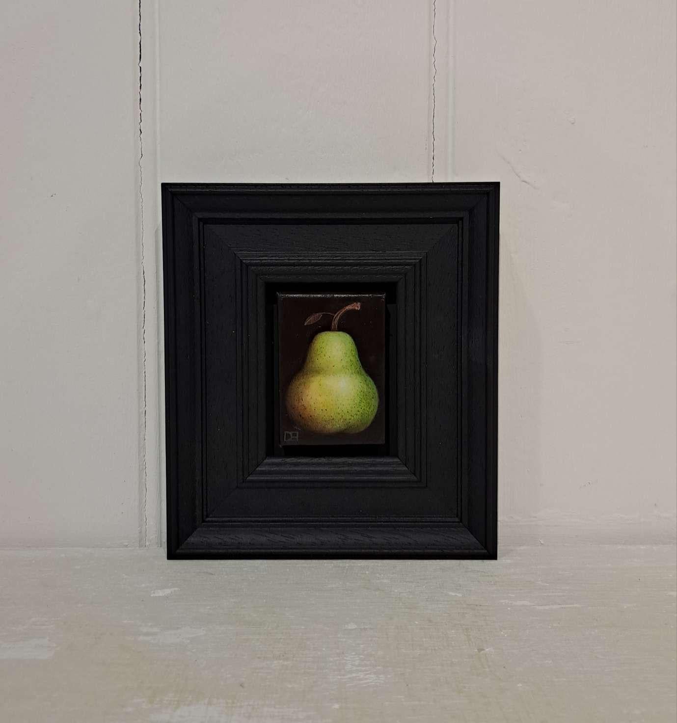 Pocket Green Speckled Pear, fruit art, affordable art, original art - Painting by Dani Humberstone