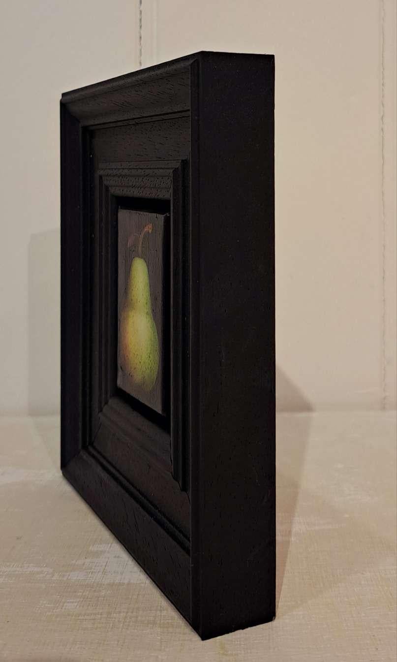 Pocket Green Speckled Pear, fruit art, affordable art, original art - Baroque Painting by Dani Humberstone