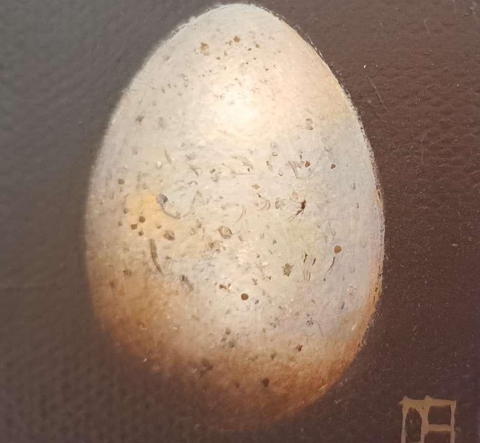 Pocket Light Blue Blackbird's Egg es un óleo original de Dani Humberstone que forma parte de su serie Pocket Painting, que presenta óleos realistas a pequeña escala, con un guiño a la pintura barroca de bodegones. Los cuadros están colocados en un