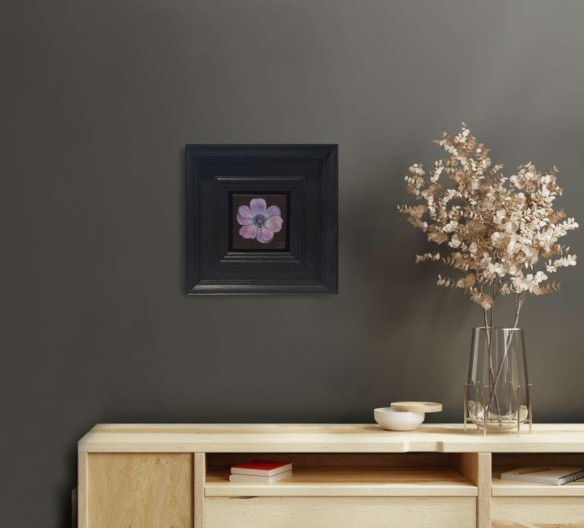 Pocket Mauve Anemone, Original Painting, Flower, Black For Sale 5