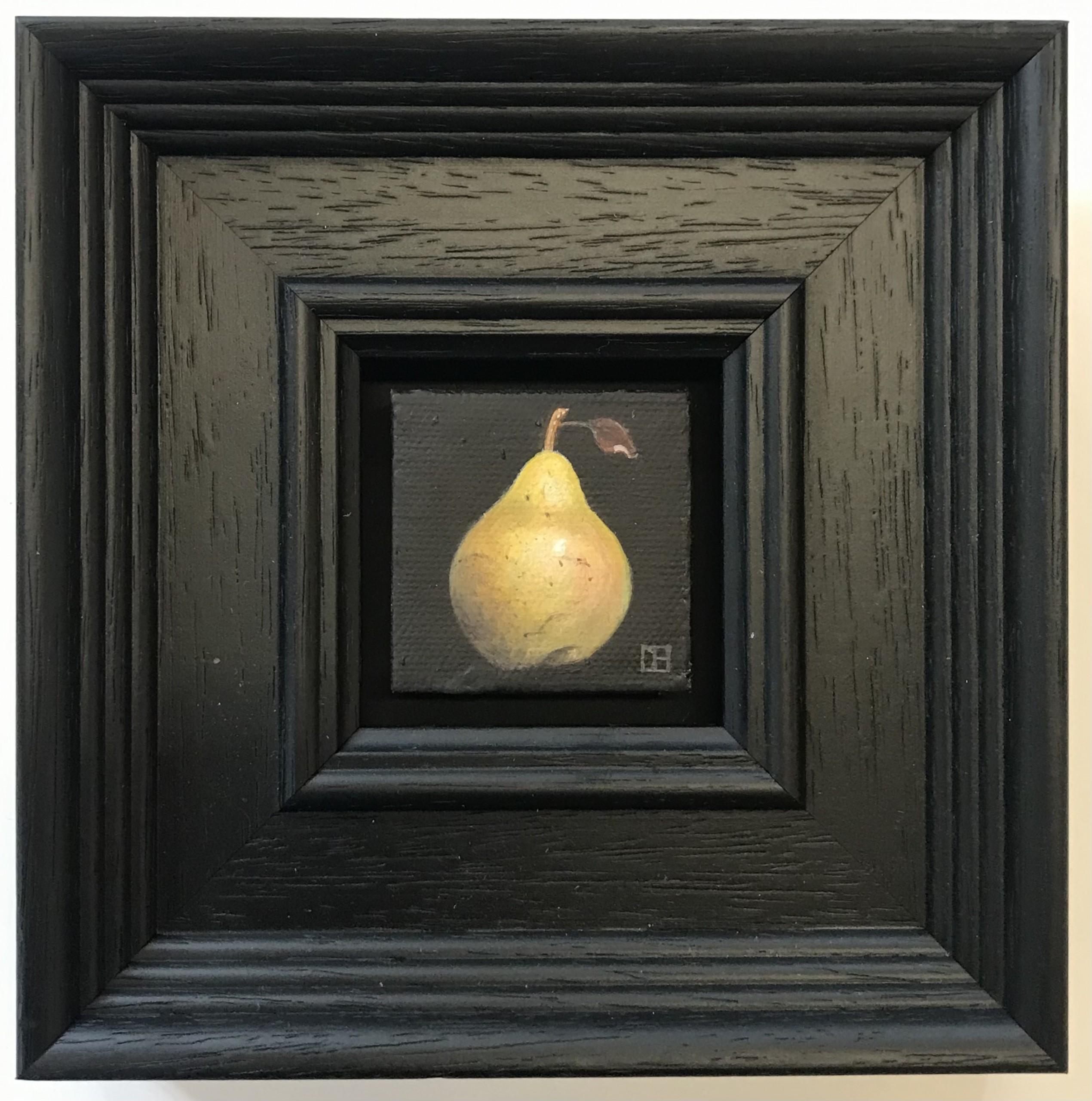 Pocket Pear - Black Figurative Painting by Dani Humberstone