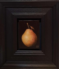 Pera rosa tascabile, pittura barocca di natura morta, arte di piccole dimensioni, arte della frutta