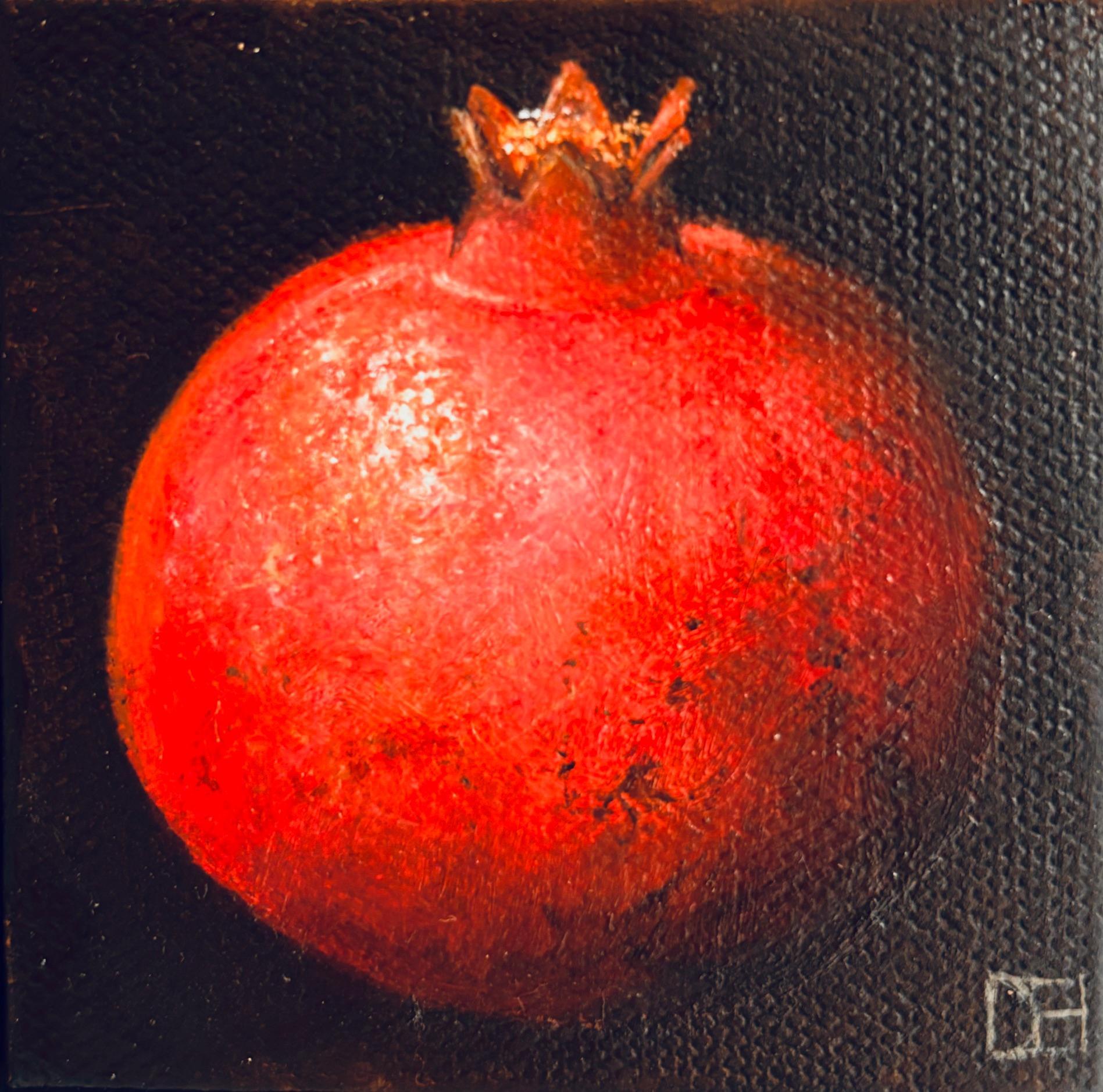 Pocket Pink Pomegranate - original realismus stillleben obst - zeitgenössische kunst (Schwarz), Still-Life Painting, von Dani Humberstone