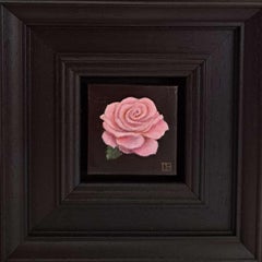 Rosa rosa tascabile con foglie 2, Pittura originale, Natura morta, Arte floreale, Floreale