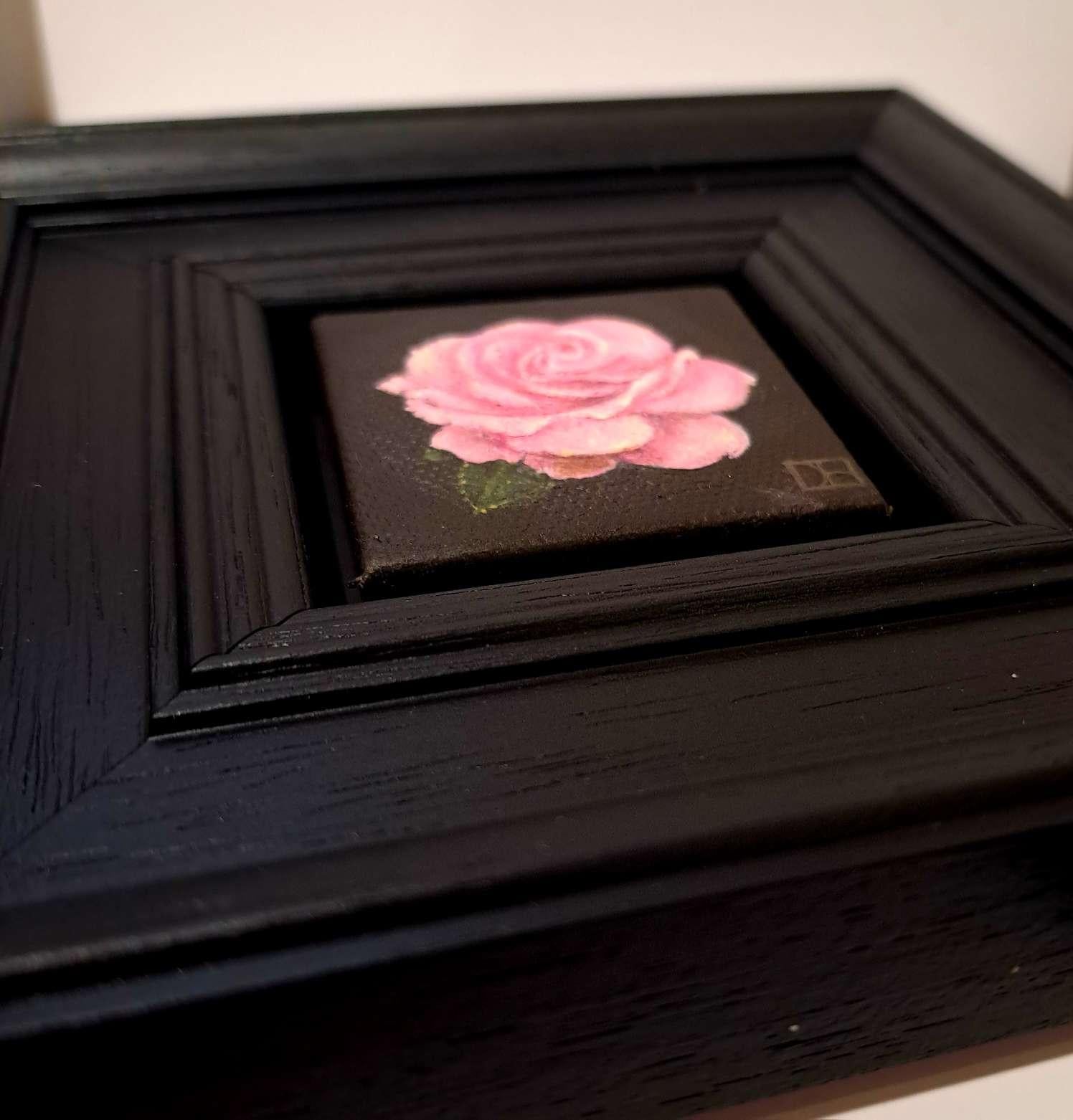 Pocket Pink Rose with Leaf, Original Painting, Pink, Flower, Black, Single rose For Sale 4