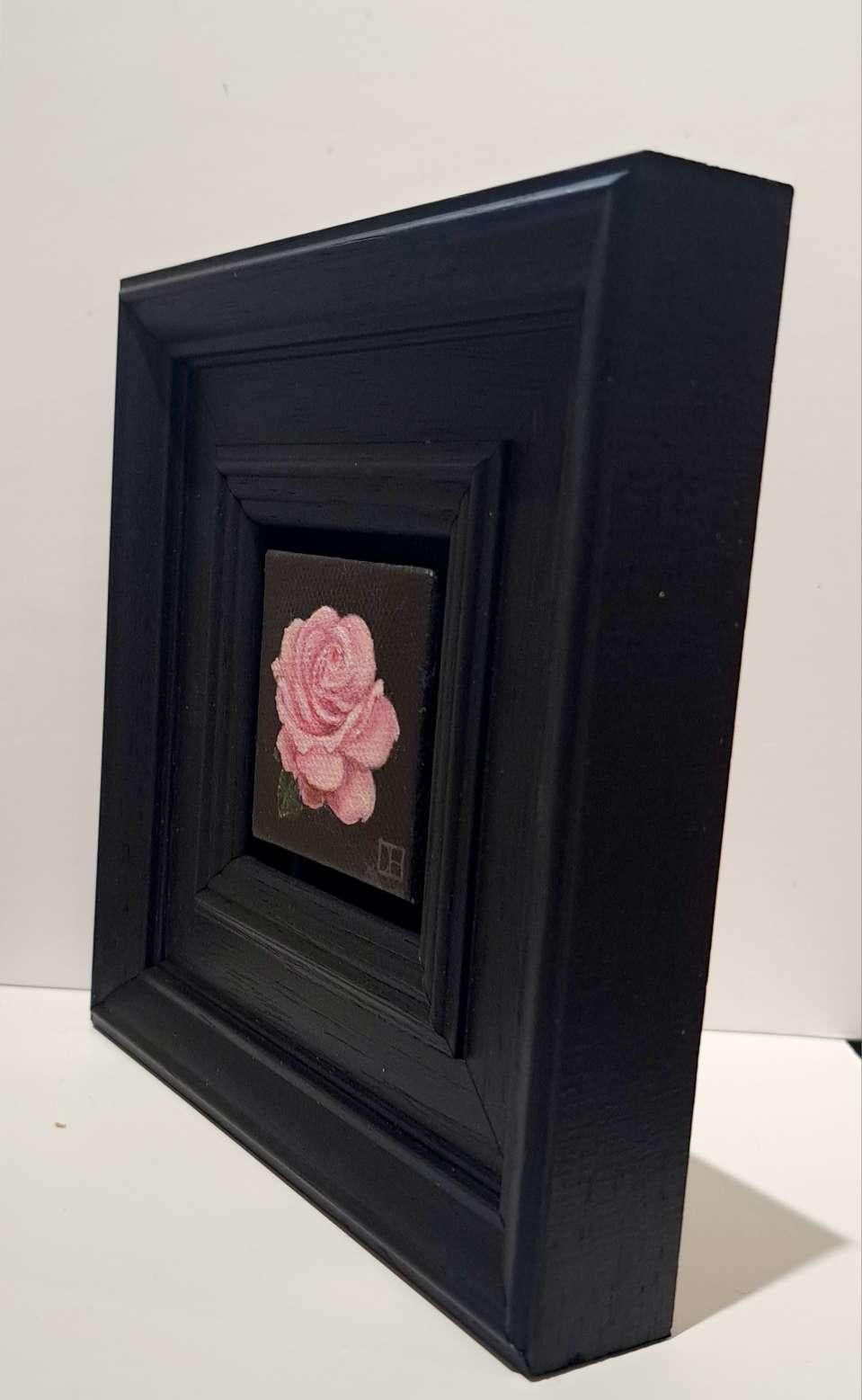 Pocket Pink Rose with Leaf, Original Painting, Pink, Flower, Black, Single rose For Sale 5