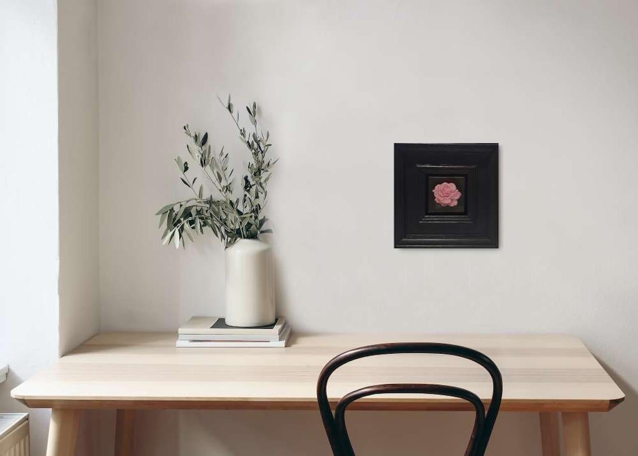 Pocket Pink Rose with Leaf, Original Painting, Pink, Flower, Black, Single rose For Sale 7