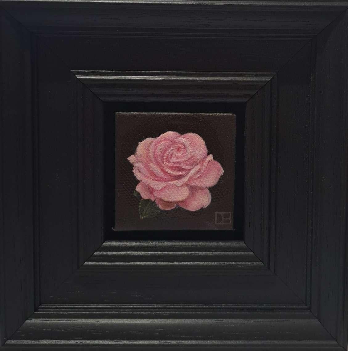 Dani Humberstone Interior Painting - Pocket Pink Rose with Leaf, Original Painting, Pink, Flower, Black, Single rose