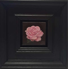 Rose de poche rose avec feuille, peinture originale, rose, fleur, noir, rose simple