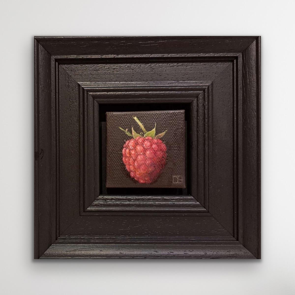 Pocket Raspberry, Still Life Painting, Food Art, Baroque Style Art Miniature Art - Black Interior Painting by Dani Humberstone