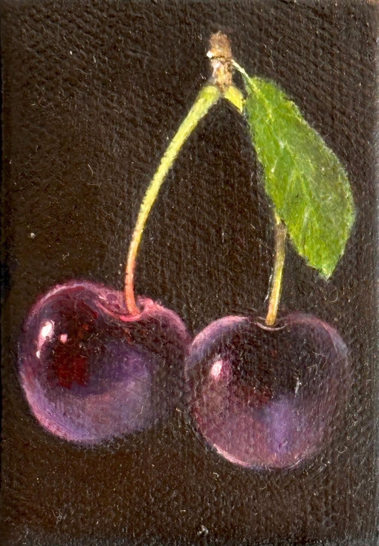 Pocket Red Cherries - Original Realismus Stillleben Obst - zeitgenössische Kunst – Painting von Dani Humberstone