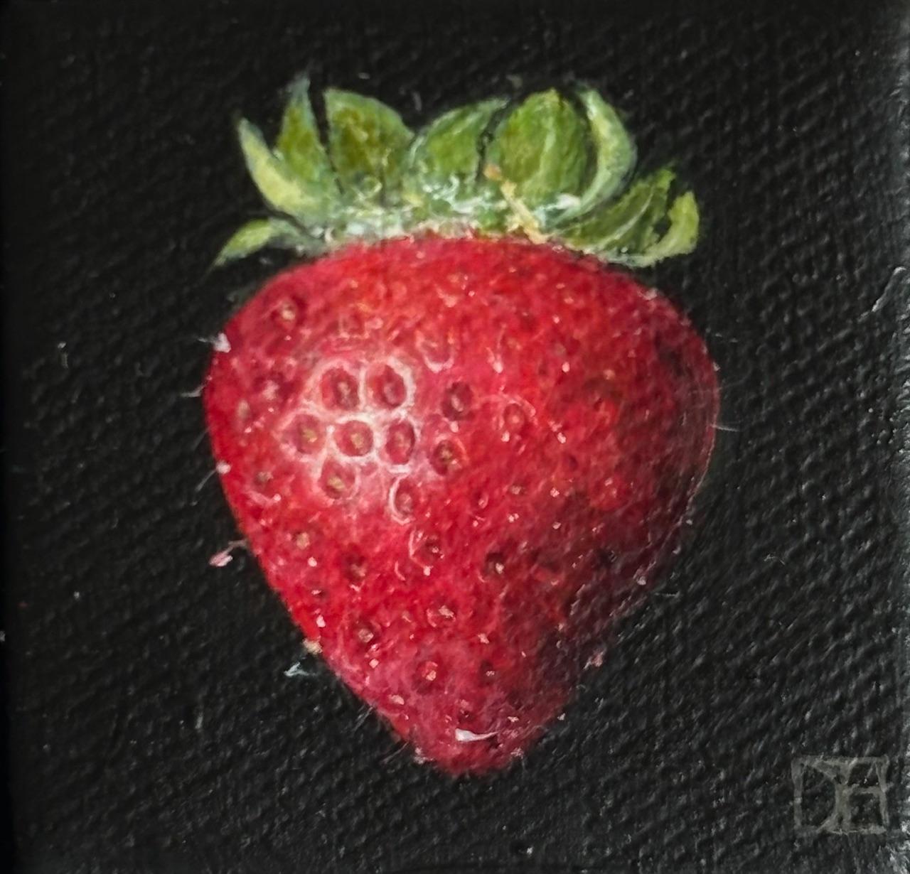 Fresa madura de bolsillo - realismo original naturaleza muerta fruta - arte contemporáneo - Interior Painting Negro de Dani Humberstone