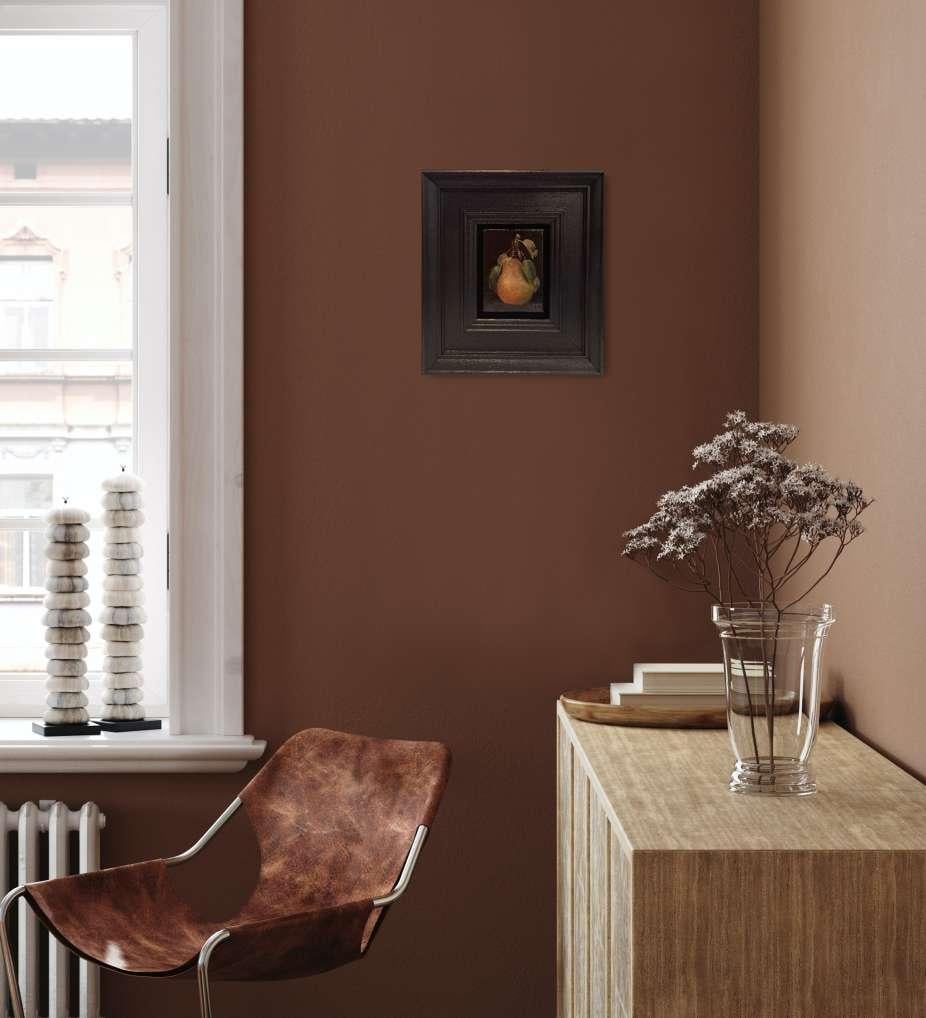 Pocket Rusty Wild Pear is an original oil painting by Dani Humberstone as part of her Pocket Painting series featuring small scale realistic oil paintings, with a nod to baroque still life painting. The paintings are set in a black wood layered