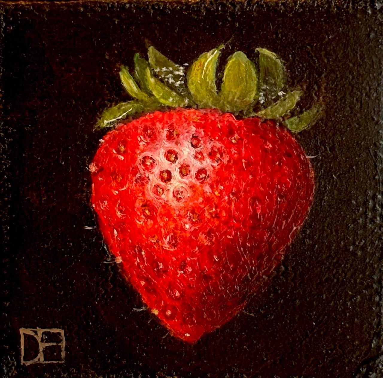 Pocket Strawberry - original realistisches Obststillleben - zeitgenössische Kunst (Schwarz), Still-Life Painting, von Dani Humberstone