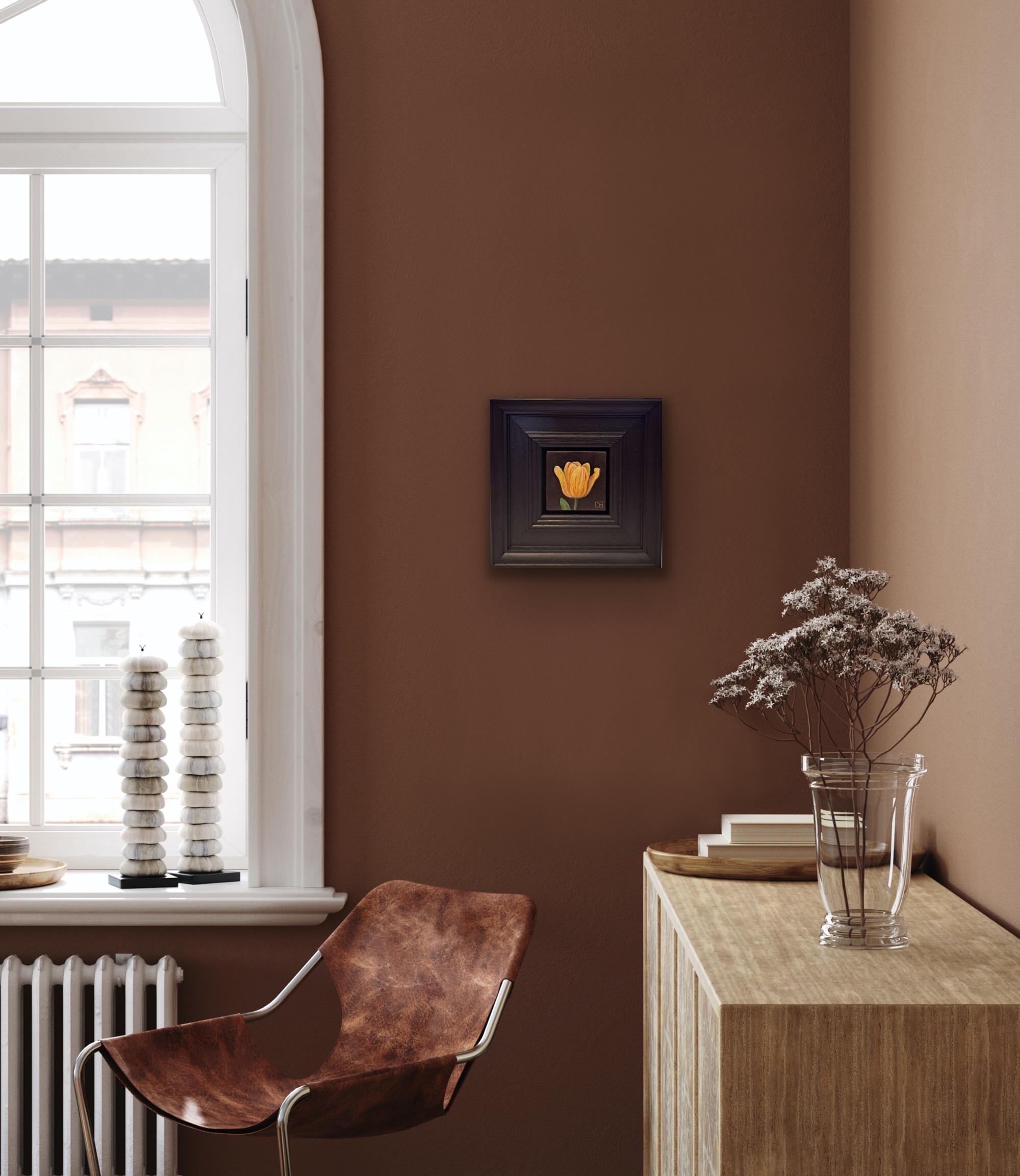 Pocket Striped Bellona Tulip is an original oil painting by Dani Humberstone as part of her Pocket Painting series featuring small scale realistic oil paintings, with a nod to baroque still life painting. The paintings are set in a black wood