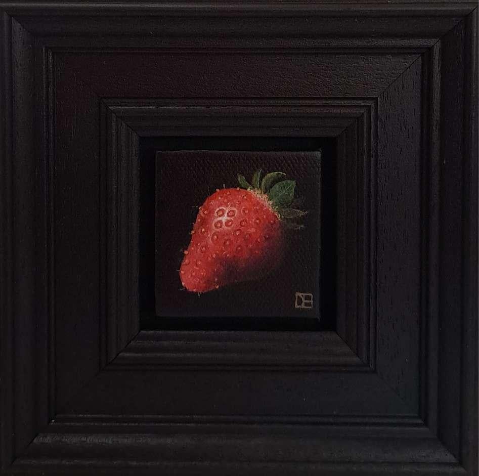 Pocket Very Ripe Strawberry è un dipinto a olio originale di Dani Humberstone che fa parte della sua serie Pocket Painting, caratterizzata da dipinti a olio realistici in scala ridotta, con un accenno alla pittura barocca di nature morte. I dipinti