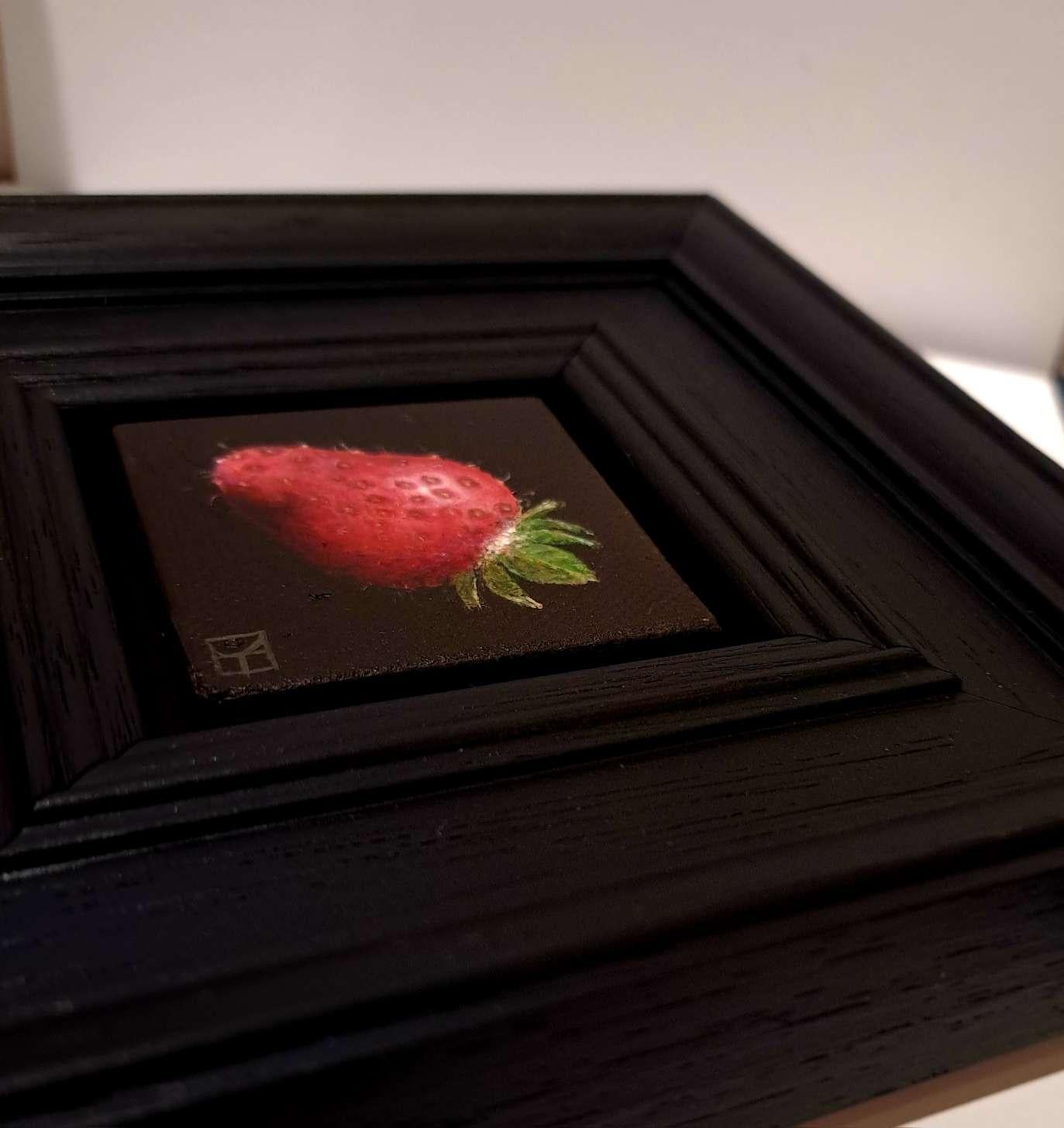 Pocket Very Ripe Strawberry, Original Painting, Still Life, Red, Black For Sale 4