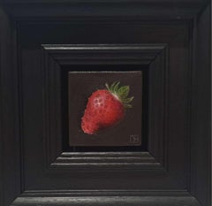 Used Pocket Very Ripe Strawberry, Original Painting, Still Life, Red, Black