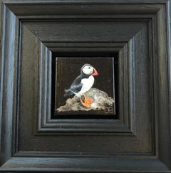 Puffin Bird Wildlife Pocket Painting, dipinto originale, natura morta, contemporaneo