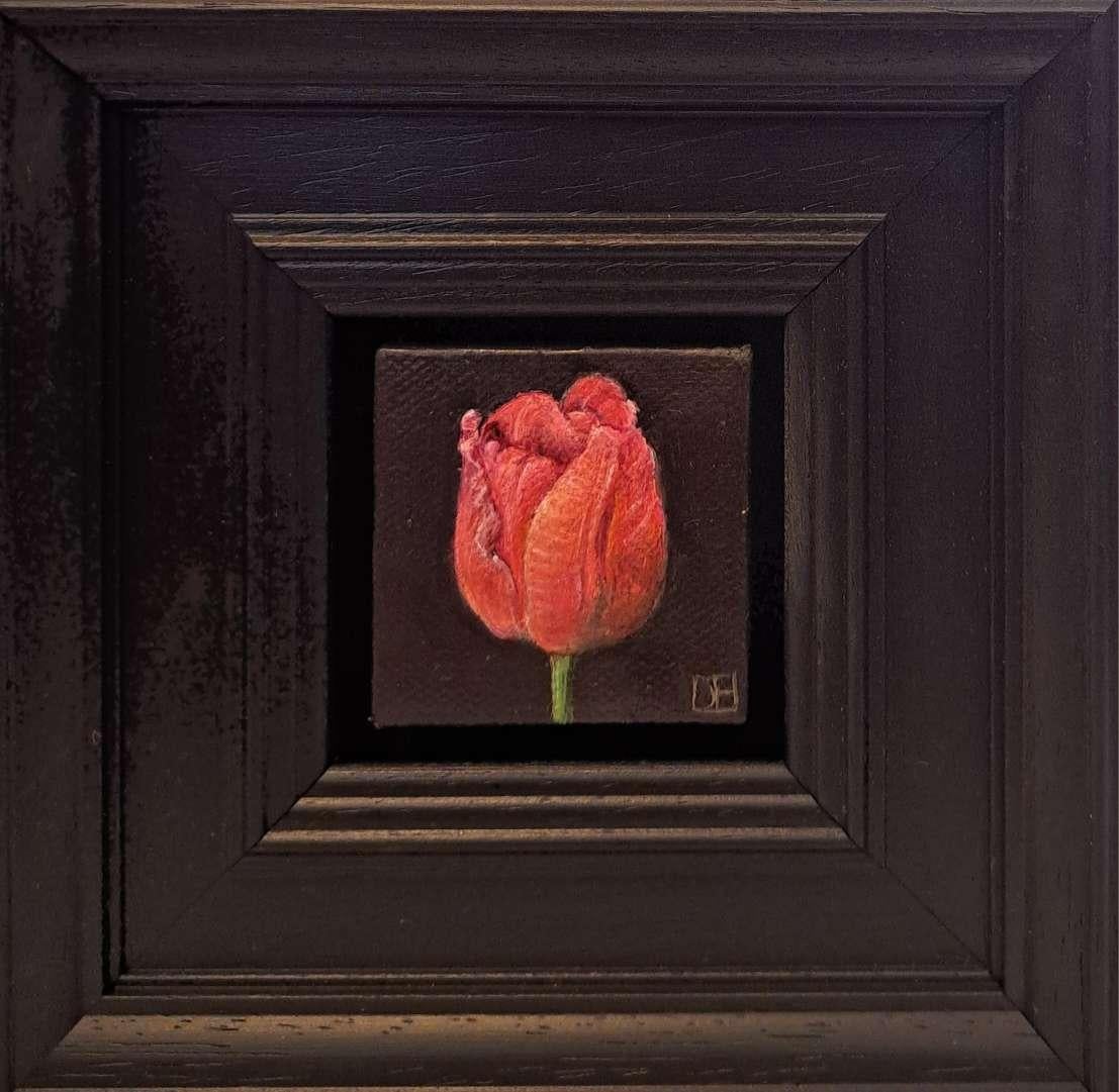 Quadrittico di selezione tascabile: 2 tulipani, fragole e bombi, Nature floreali - Landscape Painting Nero di Dani Humberstone