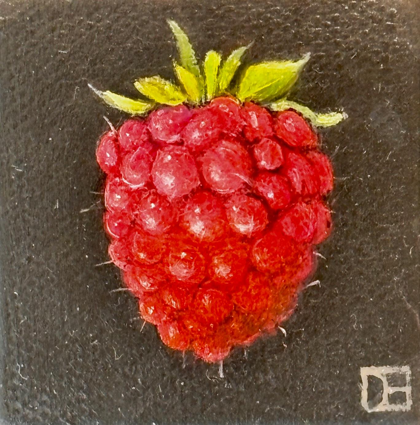 Raspberry - original realism still life fruit - contemporary art - Black Still-Life Painting by Dani Humberstone
