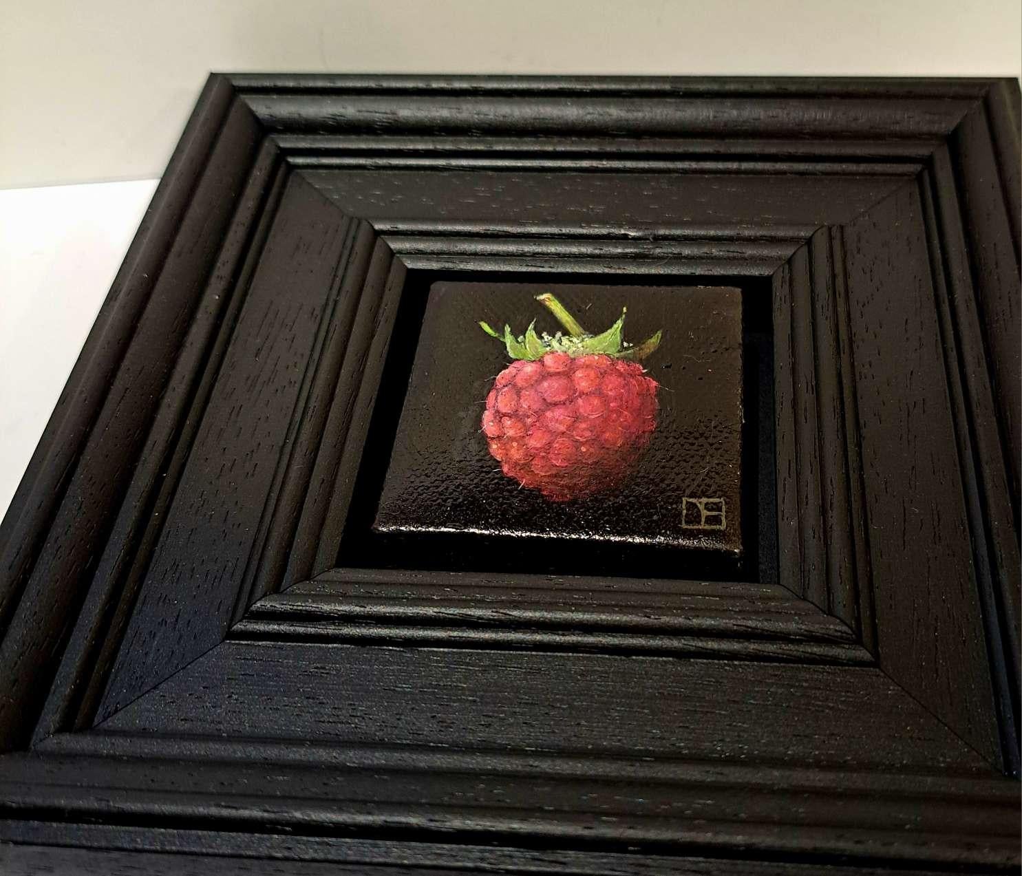 Raspberry (Pink) Pocket Painting, Still life, Fruit, Original - Black Still-Life Painting by Dani Humberstone
