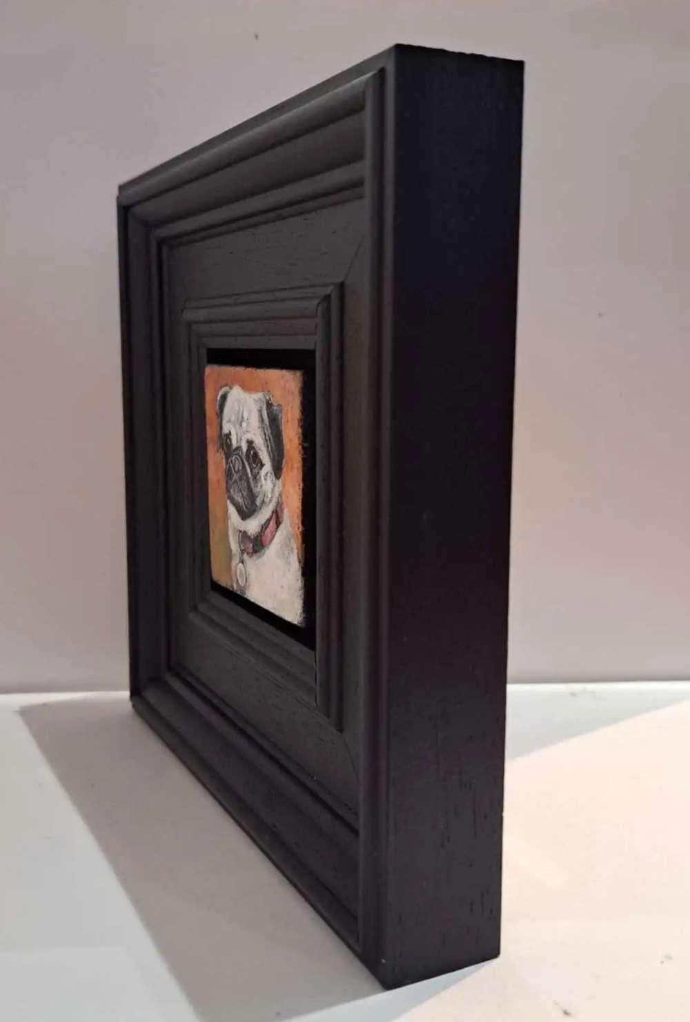 Rose The Pug 1 Taschengemälde, Taschengemälde, Originalgemälde, Stillleben (Schwarz), Still-Life Painting, von Dani Humberstone