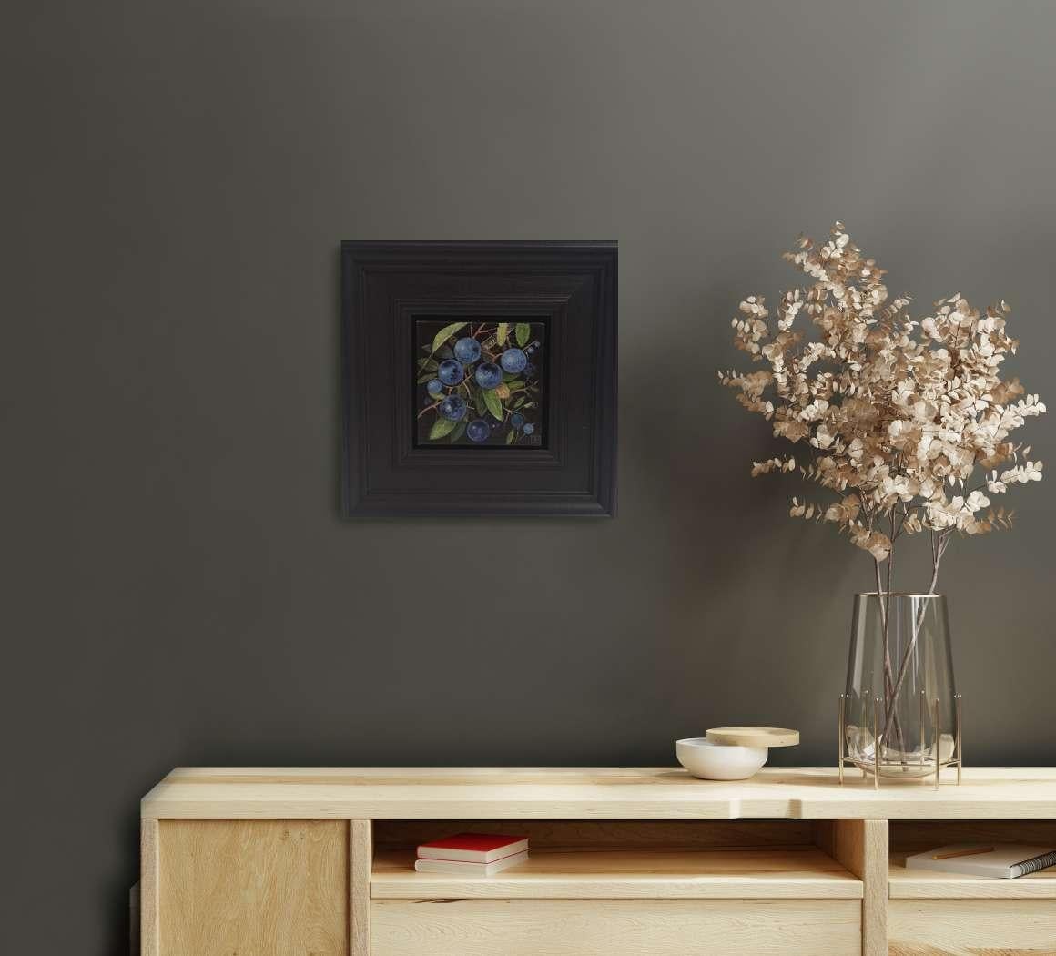 Sloe Berries Pocket Painting (PaleBlue)2c, original painting, still-life - Black Still-Life Painting by Dani Humberstone