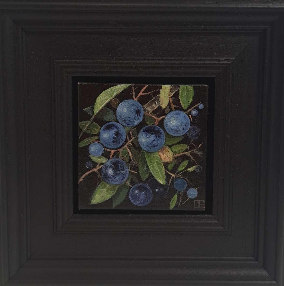 Dani Humberstone Still-Life Painting - Sloe Berries Pocket Painting (PaleBlue)2c, original painting, still-life