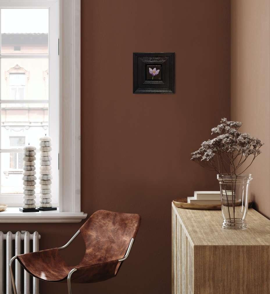Spring Collection: Violet Purple Crocus is an original oil painting by Dani Humberstone as part of her Pocket Painting series featuring small scale realistic oil paintings, with a nod to baroque still life painting. The paintings are set in a black