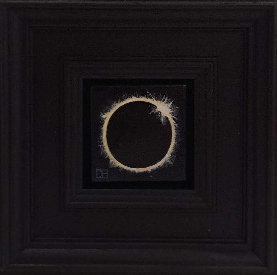 Pocket Sun Eclipse #4 c is an original oil painting by Dani Humberstone as part of her Pocket Painting series featuring small scale realistic oil paintings, with a nod to baroque still life painting. The paintings are set in a black wood layered