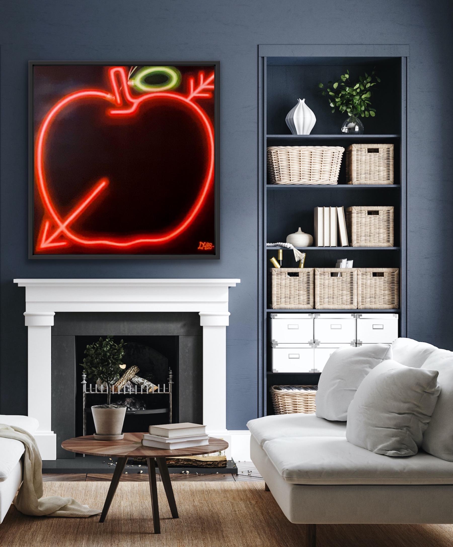 Together in Electric Dreams, Contemporary Painting, Apple Neon Sign Painting - Black Still-Life Painting by Dani Humberstone