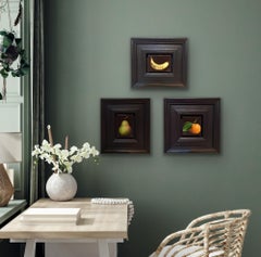 triptyque de poche : clémentine, poire verte mouchetée, banane jaune mûre