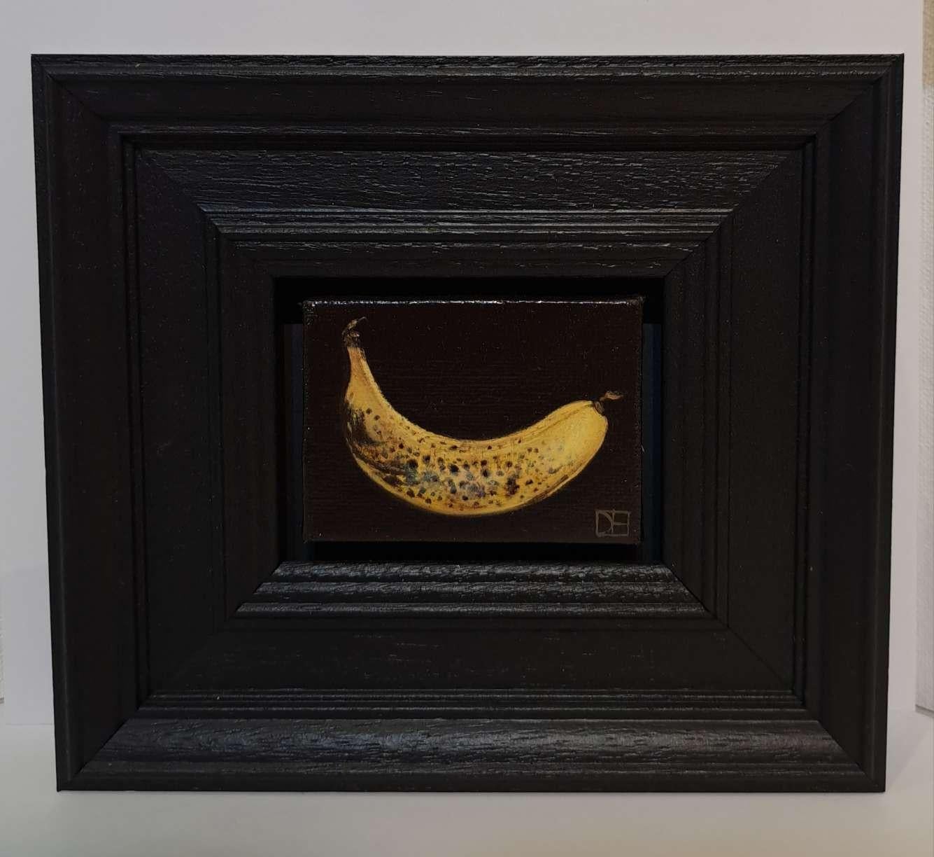 Pocket Speckled Greeen Pear is an original oil painting by Dani Humberstone as part of her Pocket Painting series featuring small scale oil realistic oil paintings with a nod to baroque still life. The paintings are set in a black wood layered