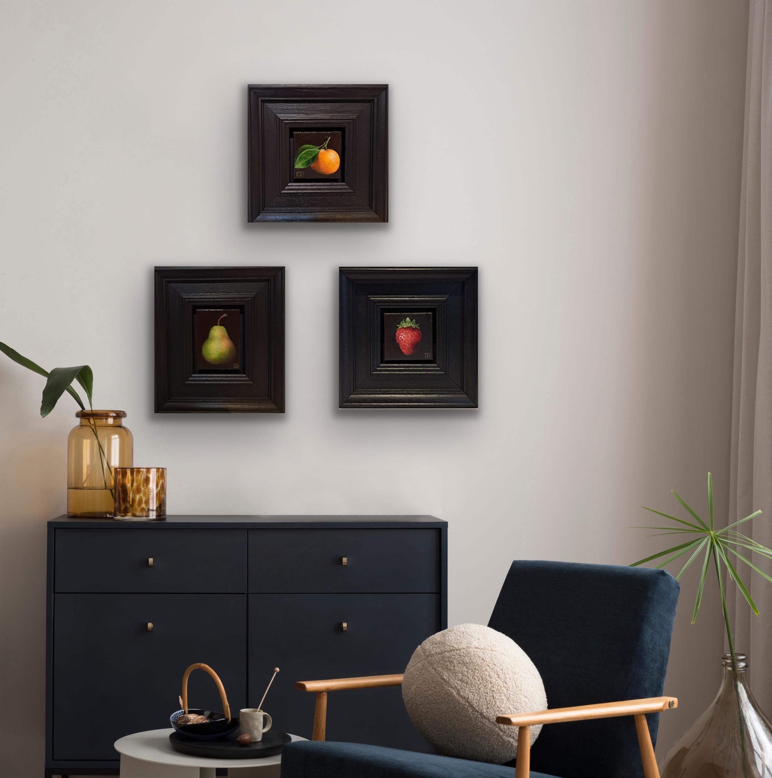 triptych of Pocket Speckled Green Pear, Bright Clementine, Crimson Strawberry 2c - Painting by Dani Humberstone