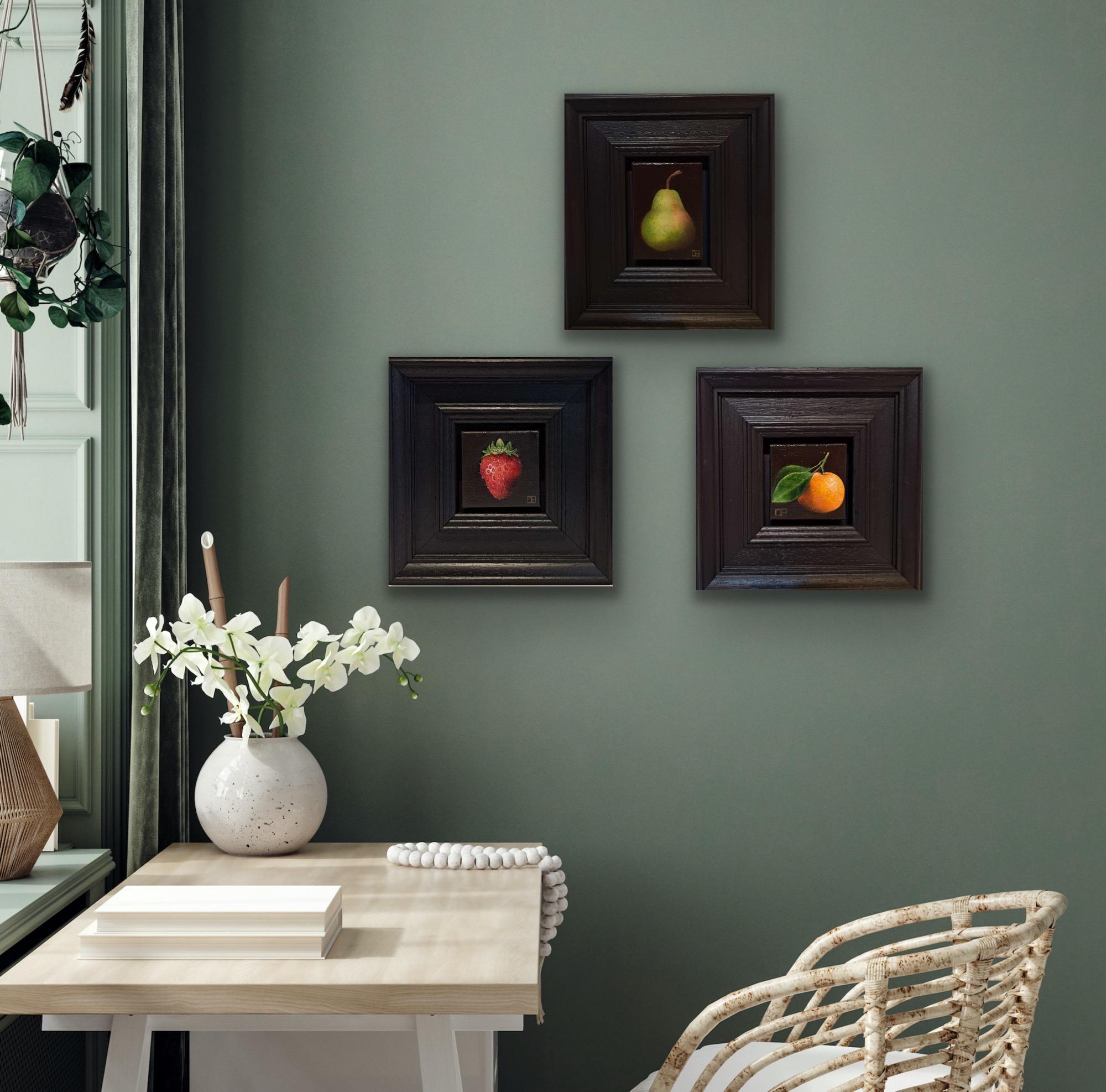 triptych of Pocket Speckled Green Pear, Bright Clementine, Crimson Strawberry 2c - Realist Painting by Dani Humberstone