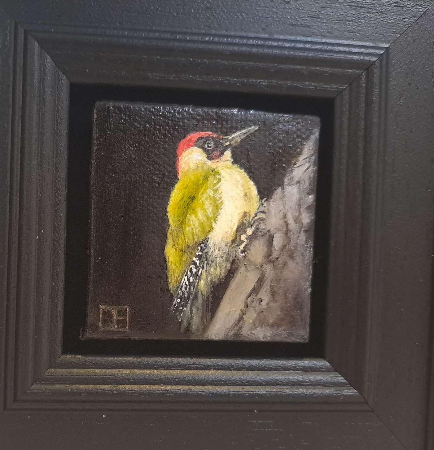 Wildlife Collection: Pocket Green Woodpecker, Original Painting, Animal Art For Sale 1