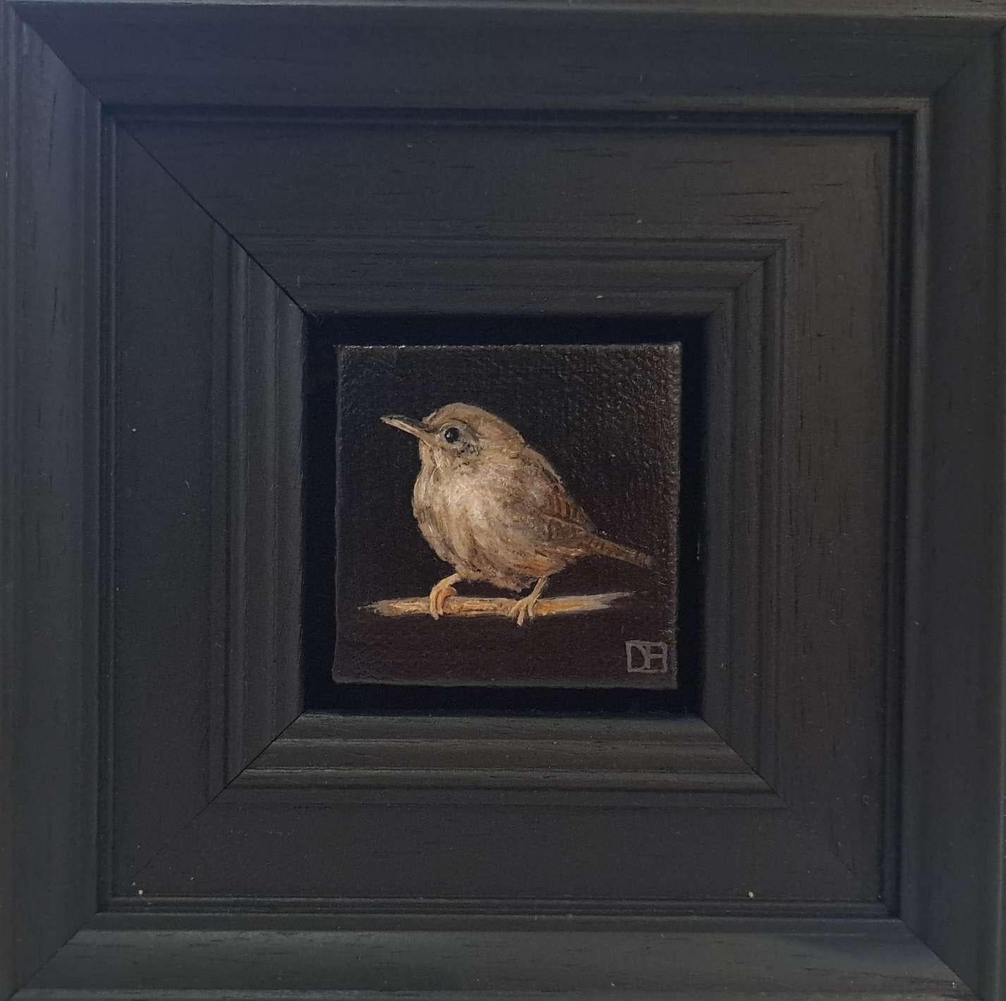 Wildlife Collection: Pocket Wren è un dipinto a olio originale di Dani Humberstone che fa parte della sua serie Pocket Painting, caratterizzata da dipinti a olio realistici in scala ridotta, con un accenno alla pittura barocca di nature morte. I