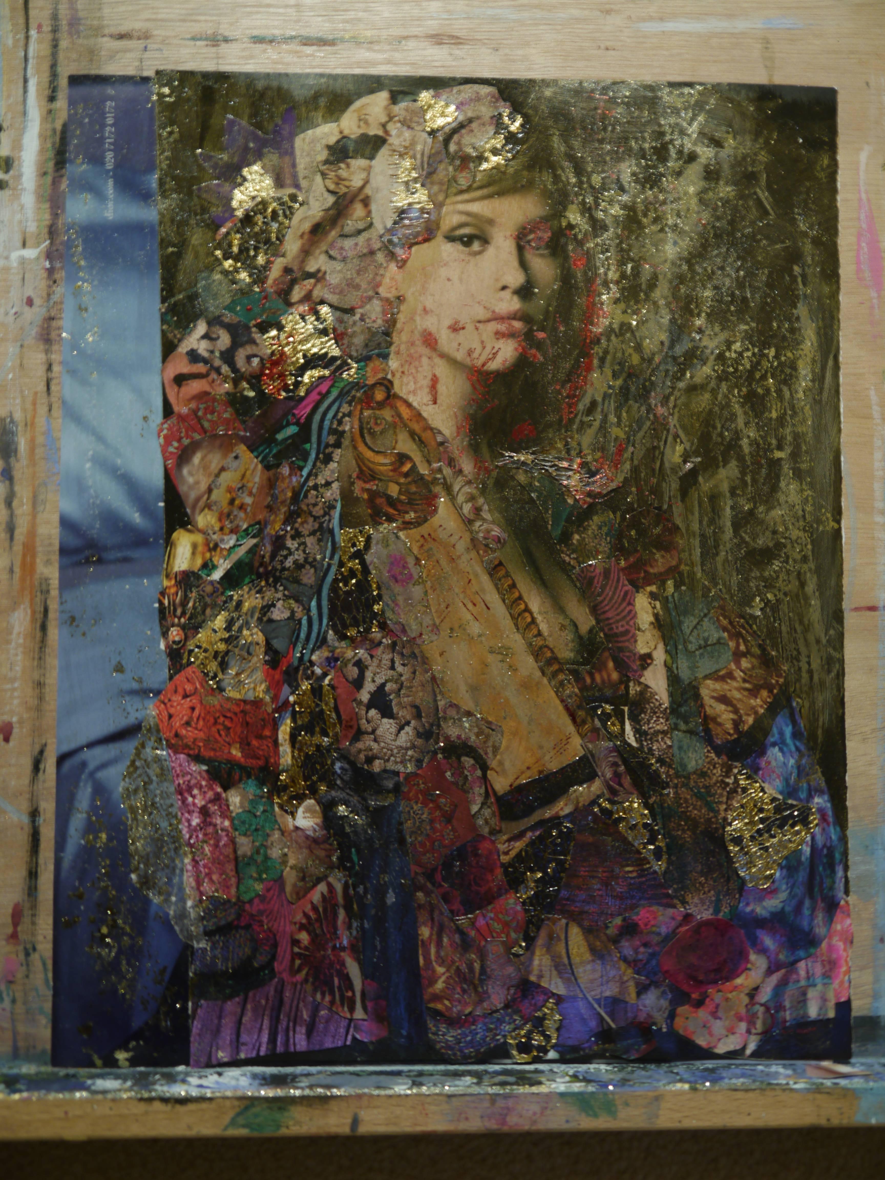 Danic Lago  Abstract Painting - Poise, Original, Collage, Gold Leaf, Ink, Acrylic, Cardboard Signed and dated.